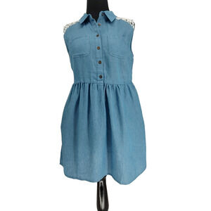 Rodem Woman Blue Chambray Lace Fit&Flare Summer Dress Size Large Pocket Buttons